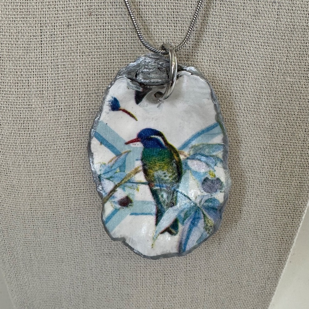 Hand made Decoupage oyster shell necklace with silvertone chain